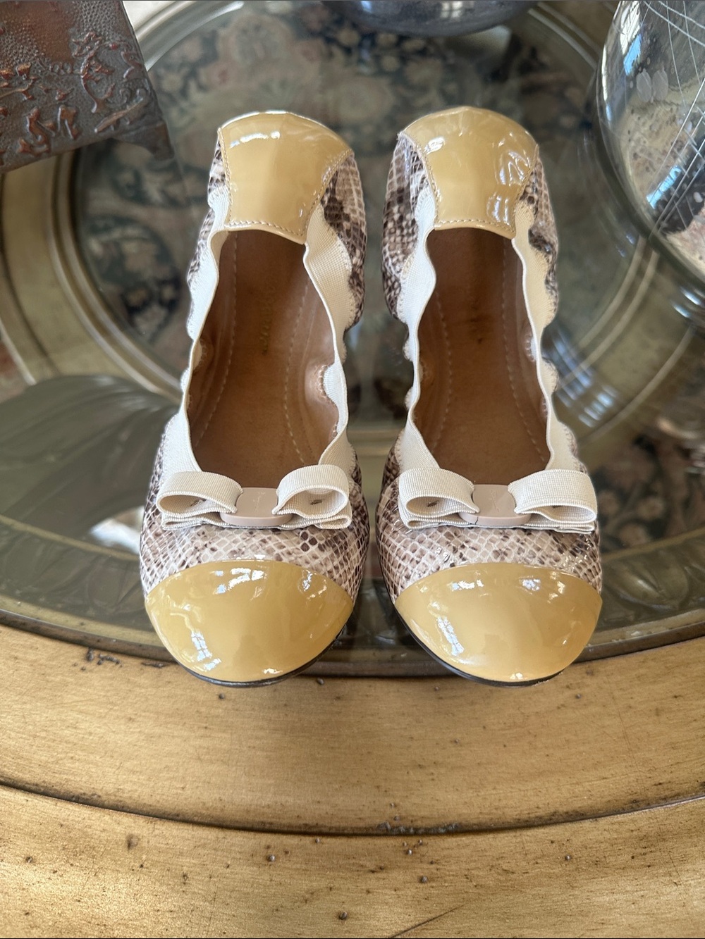Authentic Salvatore Ferragamo Elastic My Paris Snake Print Bow Ballet Flats